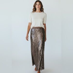 BCBG Max Azria Stunning Taupe Pearl Sequin Elastic Waist Stretch Maxi Skirt M